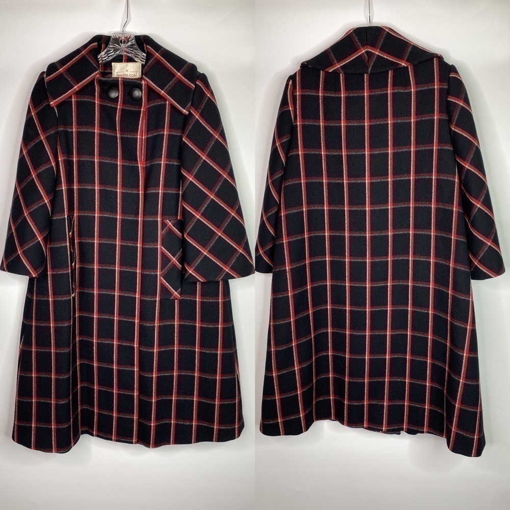 Vintage Pauline Trigere A Trigere Coat Wool Union Made Black Plaid Size 12 70s